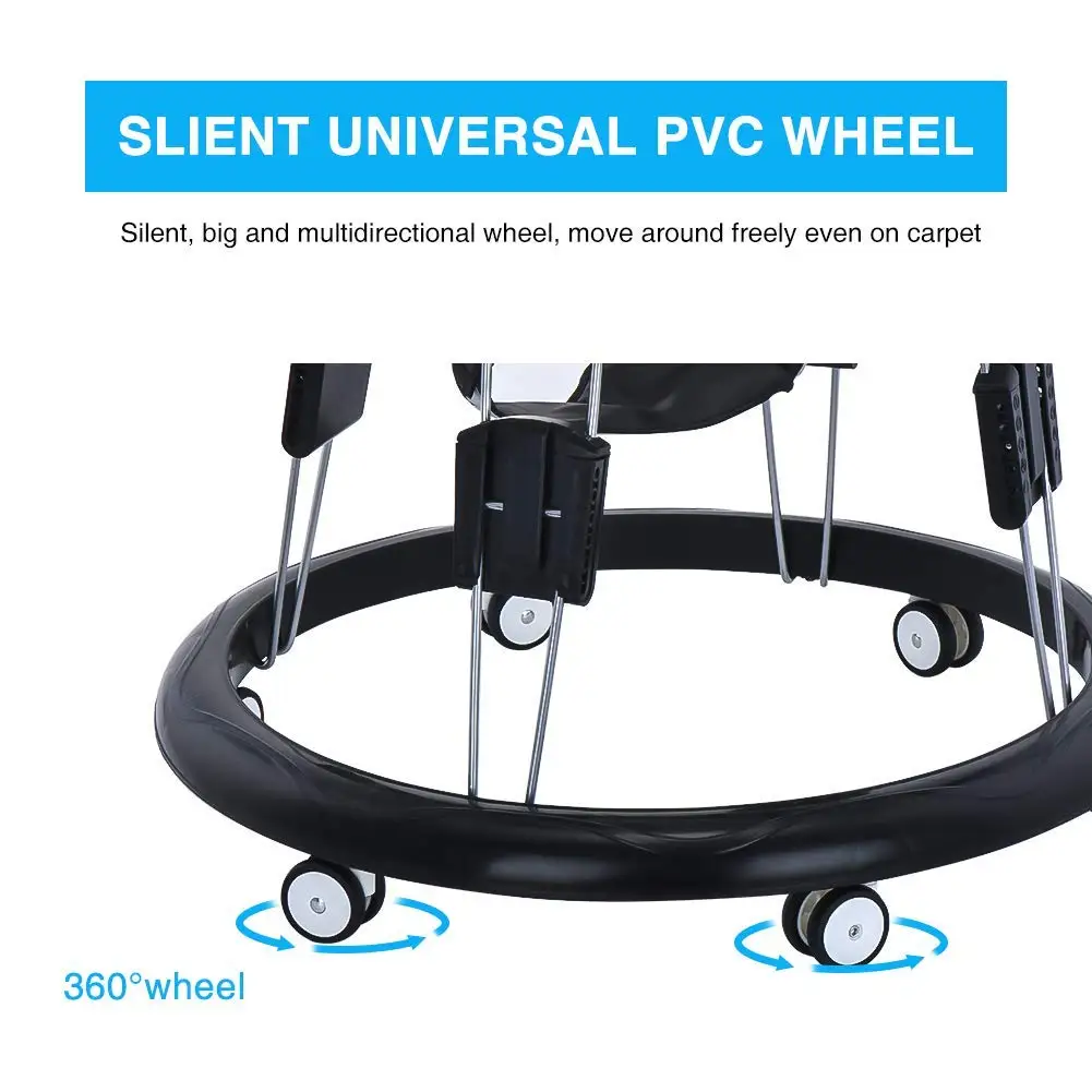 Andador ajustable para bebés, bandeja fácil de limpiar, rollador universal, andador plegable antivuelco para niñas y niños de 6 a 18 meses