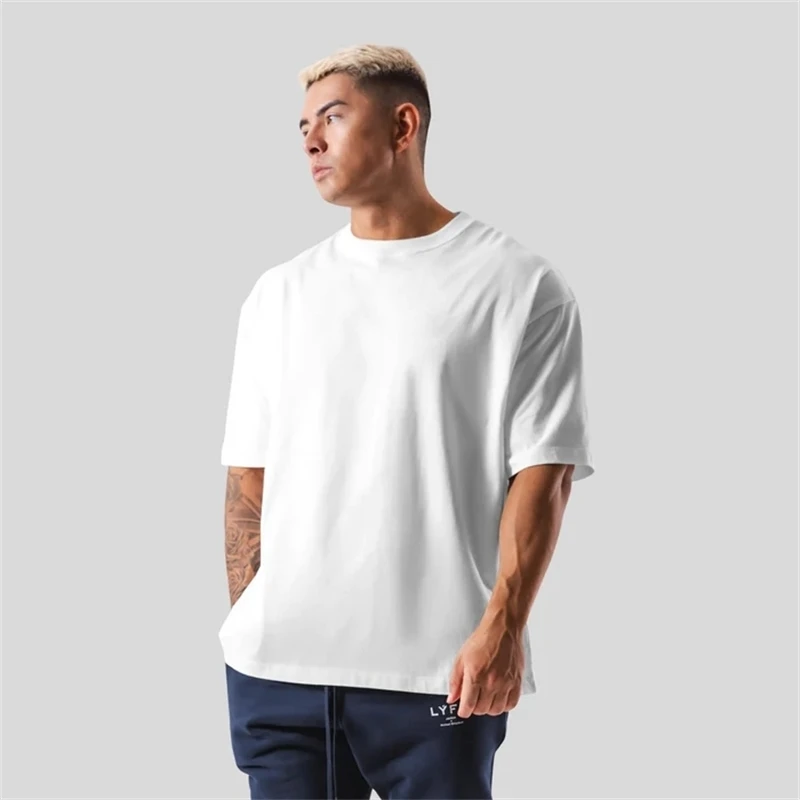 Camiseta lisa de M-5XL de 230G, 100% de algodón para gimnasio, deporte, Fitness, holgada, de talla grande, para correr, camisetas de entrenamiento para hombre