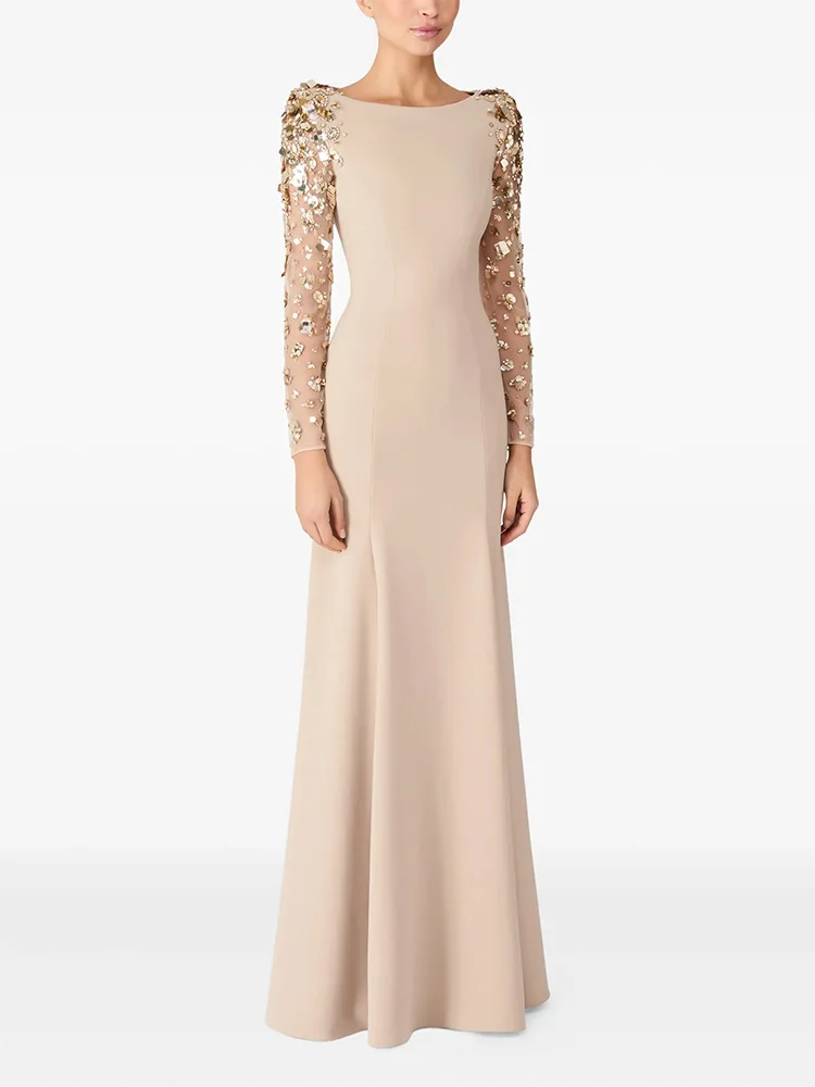 HIGH STREET Última Moda 2026 Vestido de Fiesta de Diseñador para Mujer, Vestido Largo Maxi de Manga Larga con Malla Empalmada y Diamantes con Cuentas