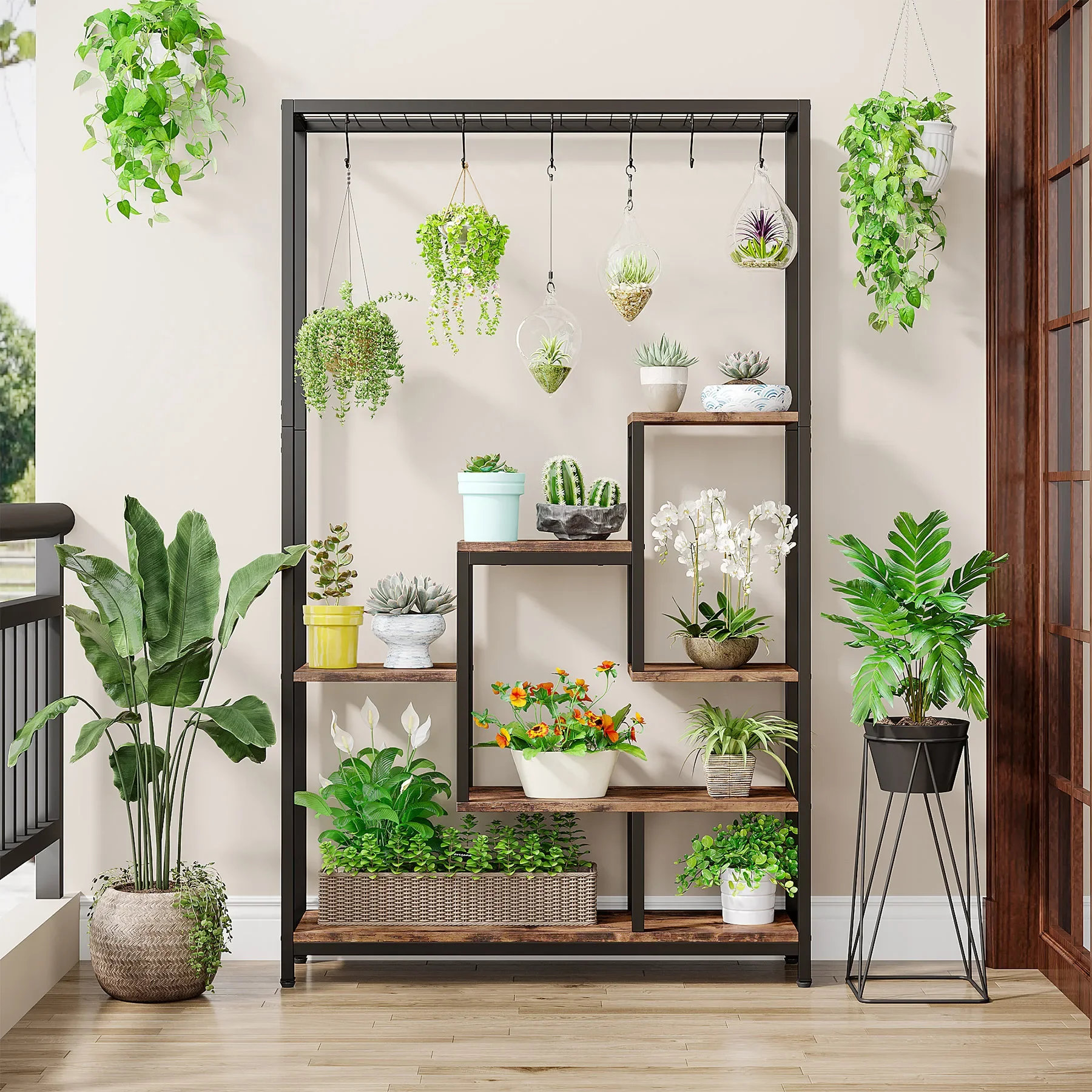 Tribesigns Soporte para plantas de interior de 5 niveles de altura, estante grande para plantas de metal de 70,9 pulgadas con 10 ganchos para colgar PC S para jardín