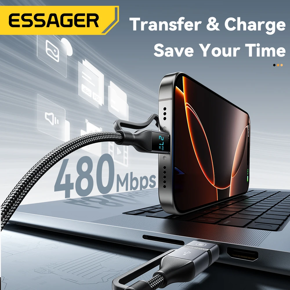 Essager 4 en 1 pantalla Digital Cable USB tipo C 100W PD Cable de carga rápida para iPhone Macbook iPad Xiaomi Cable de iluminación tipo C