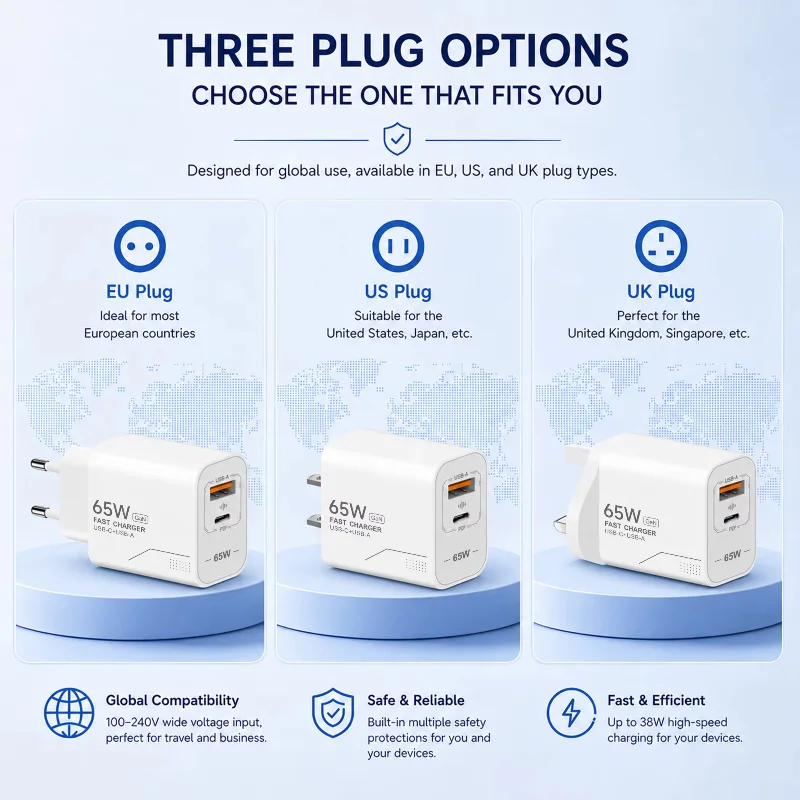Cargador USB C Lenovo 65W GaN de 2 puertos con carga rápida para teléfono, adaptador de corriente para iPhone, Samsung, tipo C, enchufe europeo/estadounidense, cargador de pared
