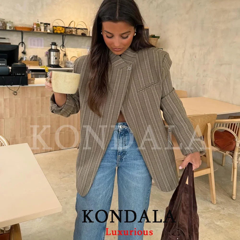 Blazer a Cuadros Elegante para Mujer de Oficina KONDALA, Blazer Oversize con Botón Único en la Parte Delantera, Moda Primavera-Verano 2026, Top para Mujer de Oficina
