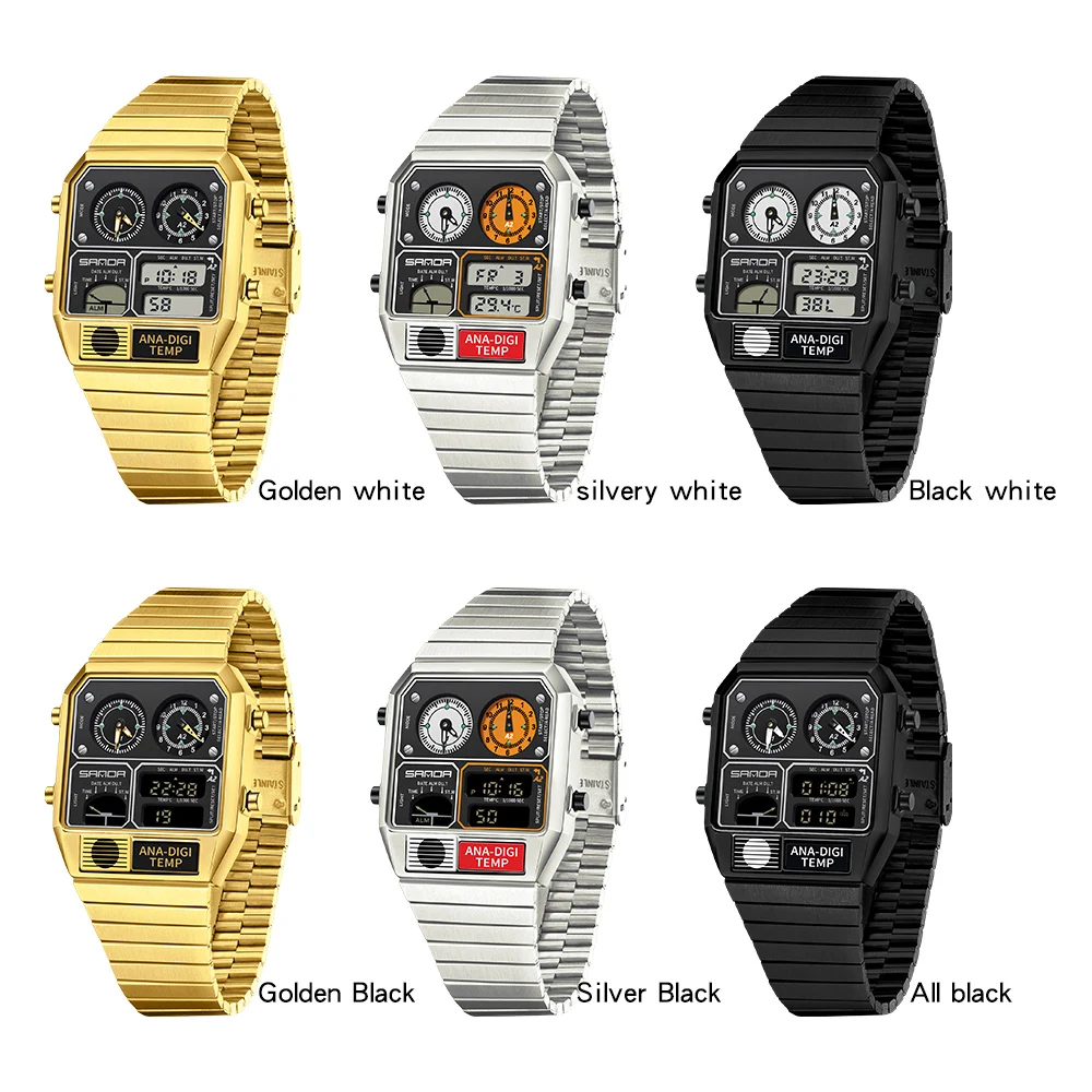 Reloj electrónico SANDA para hombre, reloj de pulsera Digital con banda cuadrada de acero, cronómetro de medición de temperatura, reloj multifuncional con sincronización