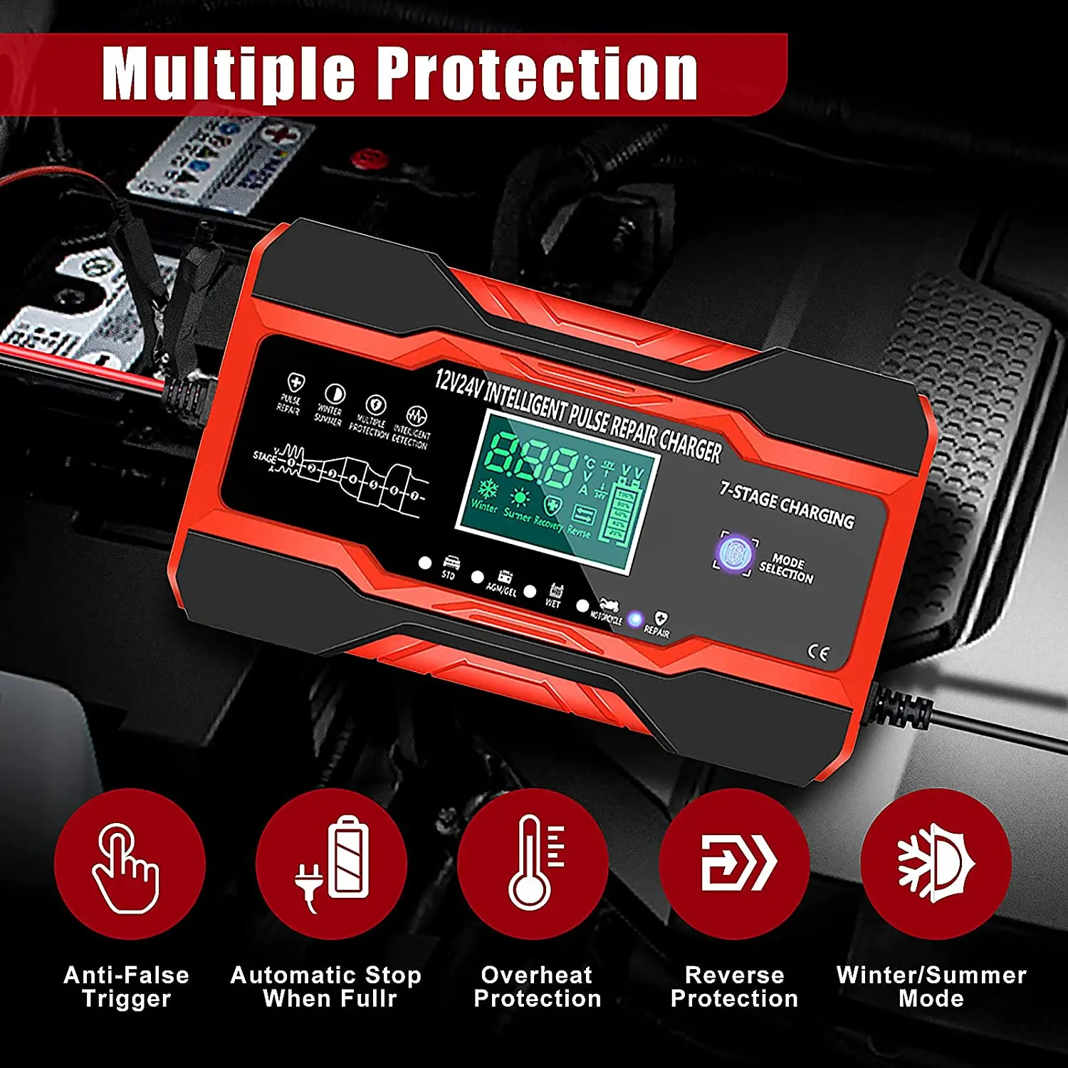 Cargador de batería de coche de 12V-24V, completamente automático, 12V, 10A, cargador de batería de coche Digital, reparación de pulso para AGM GEL, ácido de plomo húmedo