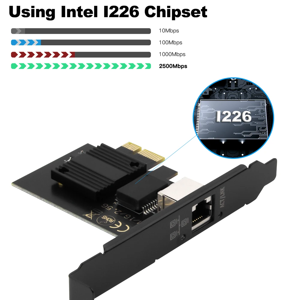 Tarjeta de red Intel i226 PCIE a RJ45 de 2,5G, interfaz RJ45 de 100/1000/2500Mbps, adaptador Gigabit LAN Etherent para PC/escritorio para Win