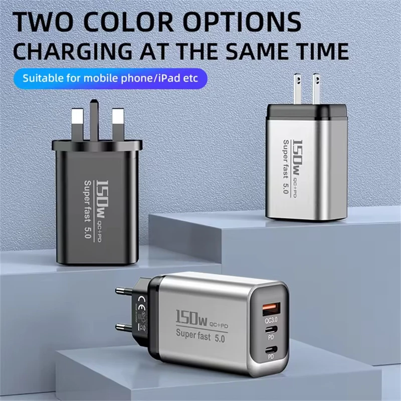 Cargador rápido Lenovo de 150 W, con 3 puertos, tecnología PD y QC3.0, adaptador de pared USB-C, cargador de viaje con múltiples enchufes para iPhone y Samsung (UE/EE. UU./Reino Unido).
