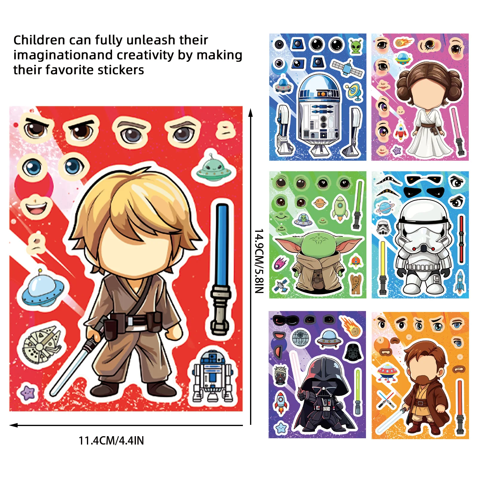 8 Hojas de Pegatinas de Anime Jedi para Crear una Cara, Calcomanías de Dibujos Animados para Niños, DIY, Rompecabezas, Decoración para Fiestas Infantiles