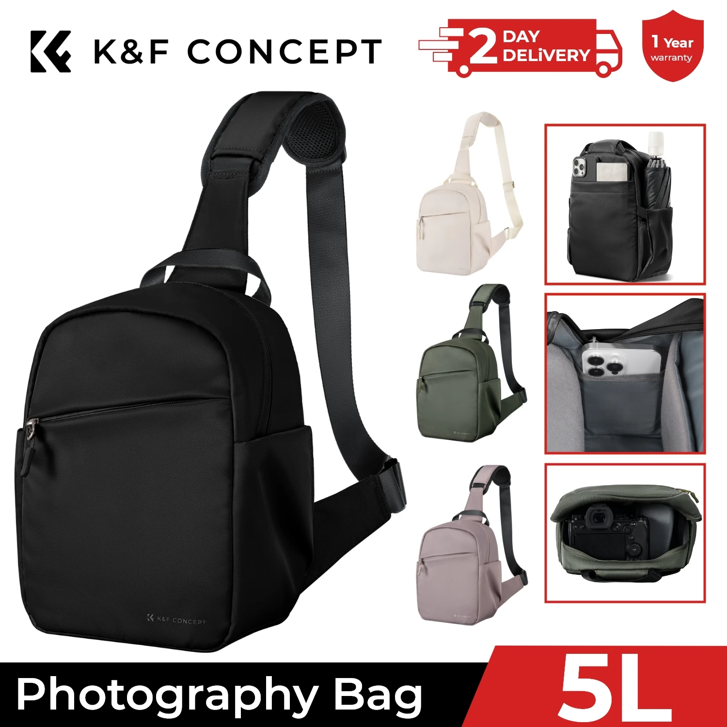 K&F CONCEPT - Bolso Bandolera para Cámara, Ligero, 5L, para Viajes y Fotografía, para Cámaras DSLR/SLR Sony, Nikon, Canon