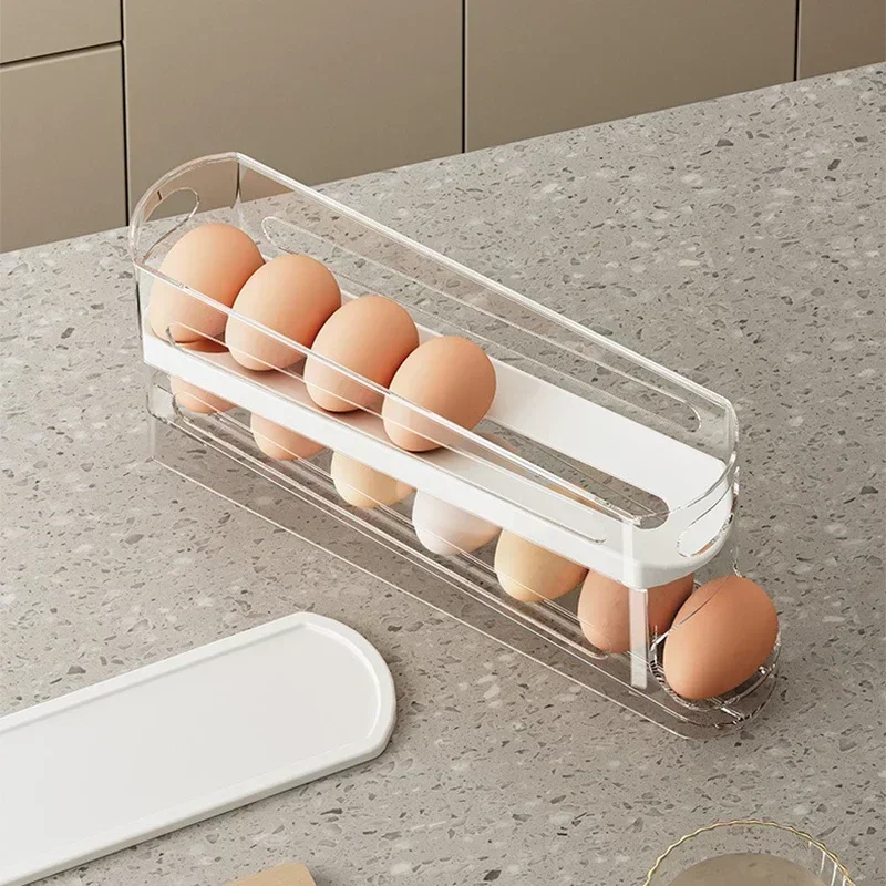 Caja de Almacenamiento de Huevos para Refrigerador de Dos Niveles, Dispensador de Huevos Automático con Rodillos, Organizador de Huevos en Forma de Escalera
