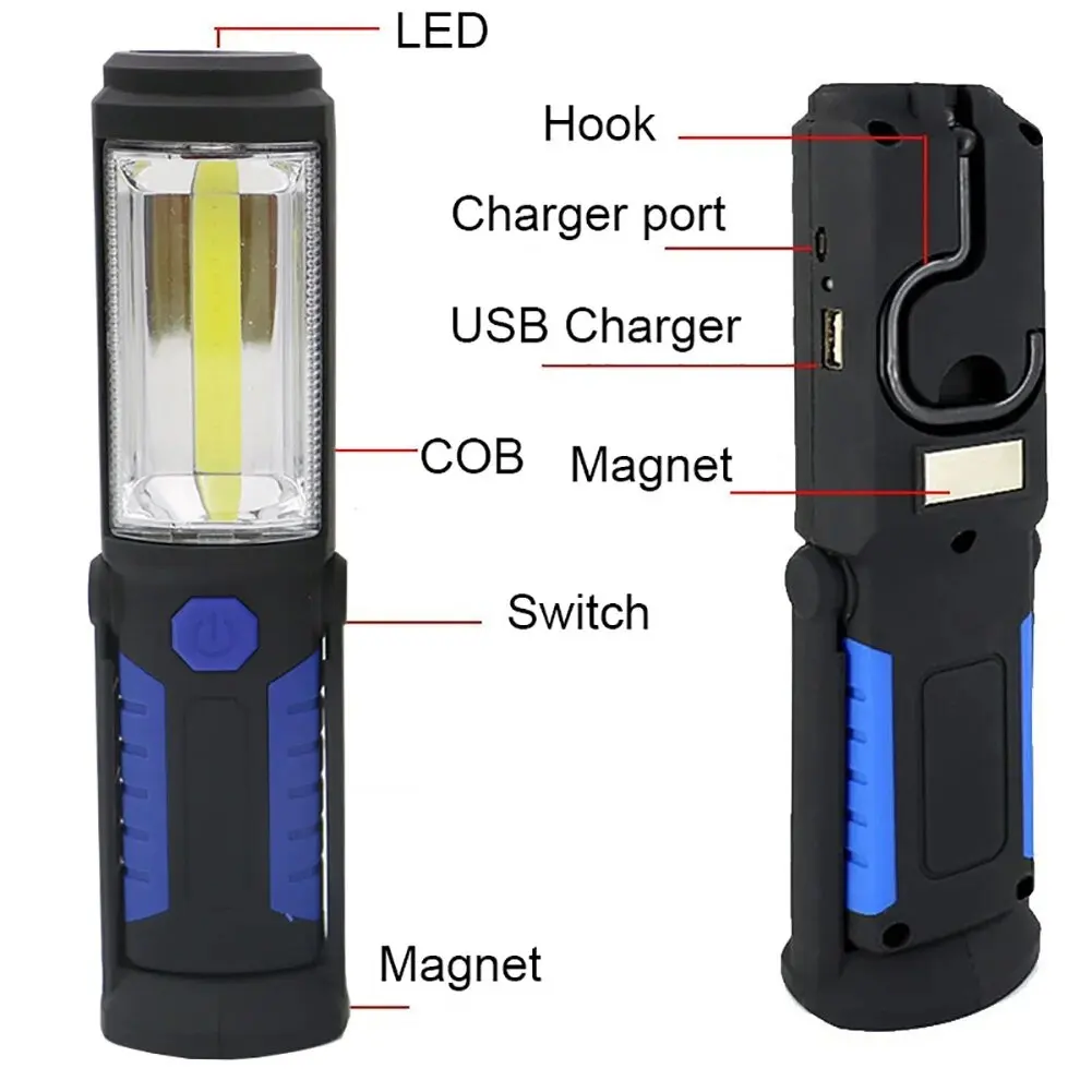 Luz de trabajo COB LED 90 °   Linterna giratoria, lámpara de Camping impermeable, imán, carga USB, luz de reparación de coche, gancho, linterna