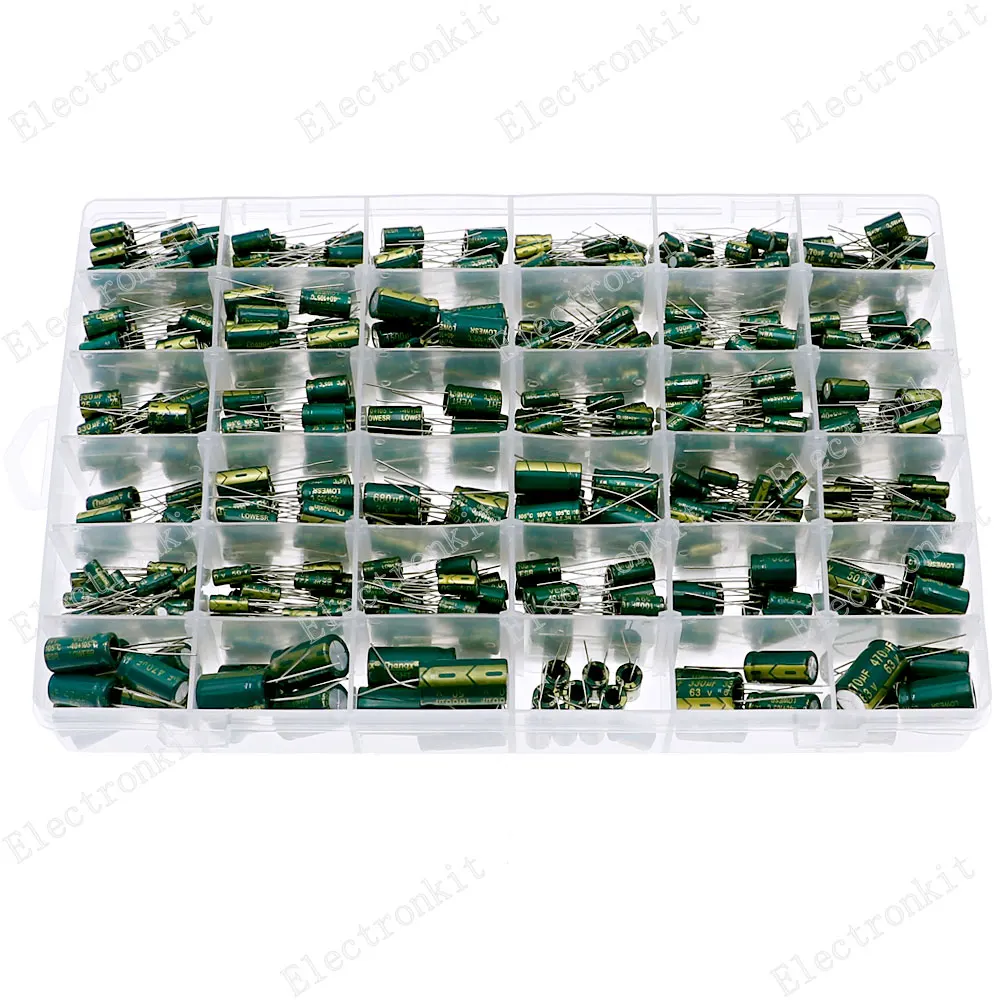 Juego de condensadores electrolíticos de aluminio, 810 Uds., 36 tipos, 10V-63V, 1uF-1500uF, Kit surtido, caja de almacenamiento de alta frecuencia y baja ESR con caja