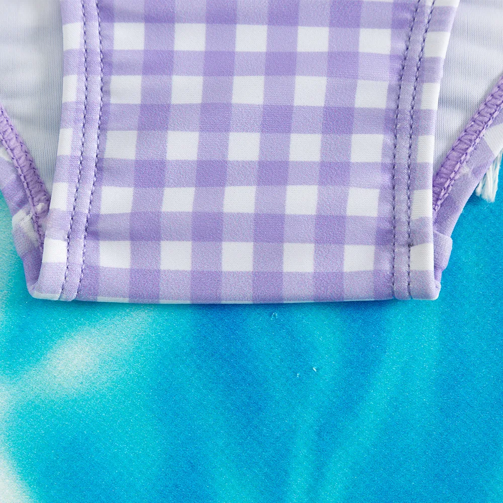 Nuevo traje de baño dividido de verano para niñas, conjuntos de Bikini de 5 a 14 años, traje de baño de cintura alta a cuadros morados para niñas, traje de baño