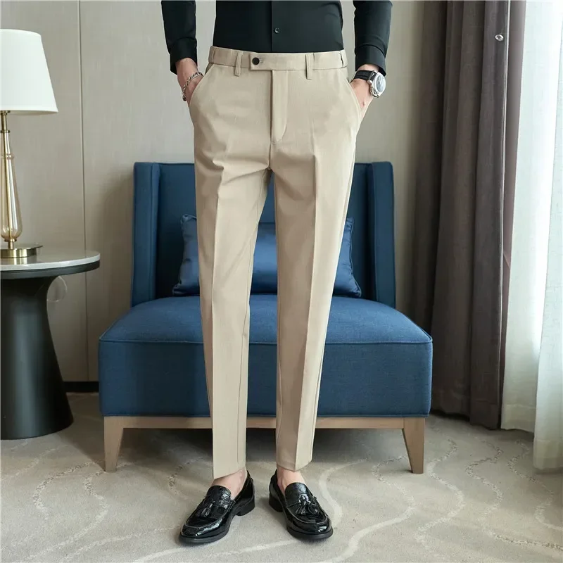 Pantalón de traje para hombre, pantalones de vestir ajustados lisos con cintura elástica de otoño, pantalones sociales informales de negocios para oficina, ropa de talla grande 40 38 para hombre
