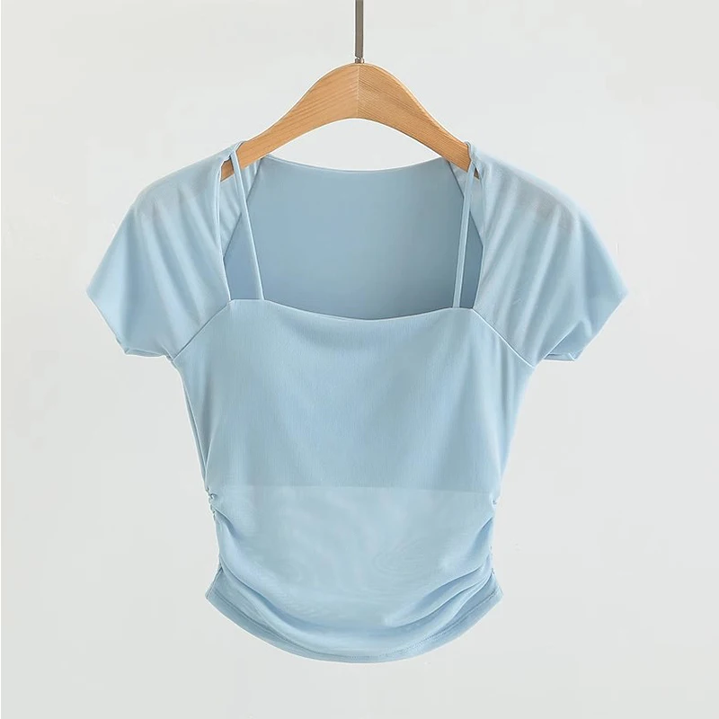 Camisas de Yoga acolchadas para mujer, Top corto deportivo de manga corta, camiseta de entrenamiento para Fitness, medias recortadas sexis para correr, ropa de gimnasio