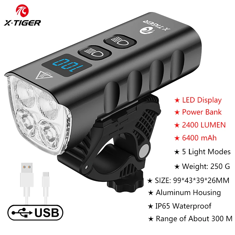 X-TIGER impermeable MTB bicicleta luz aleación de aluminio Ciclismo de Carretera USB recargable faro 2400 lúmenes accesorios de luz de bicicleta