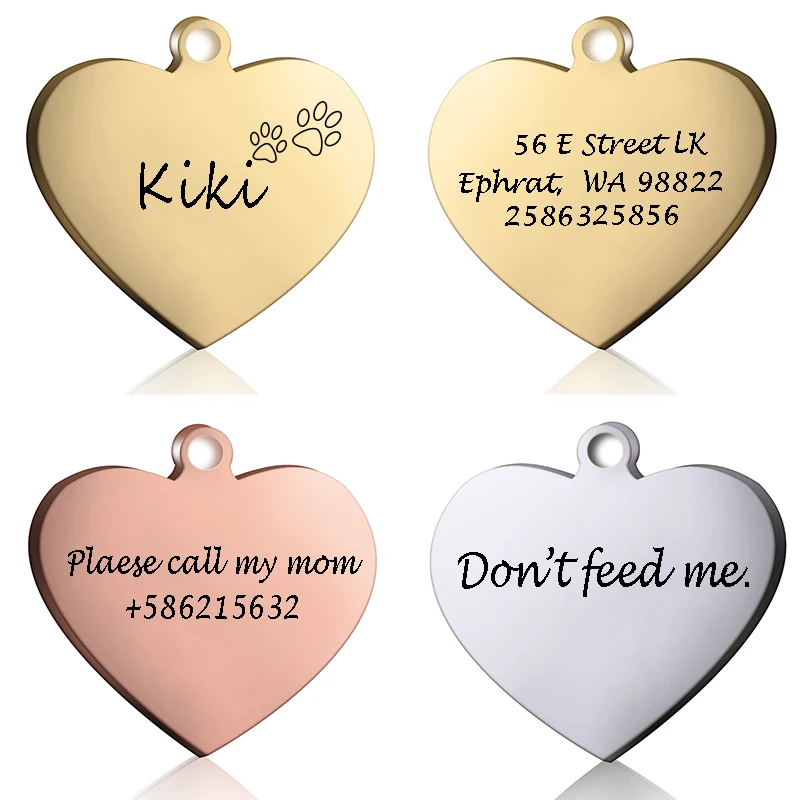 Etiqueta de corazón de identificación de perro, Collar de gato personalizado, colgante grabado, Collar de mascota, cadena, suministros para productos con nombre