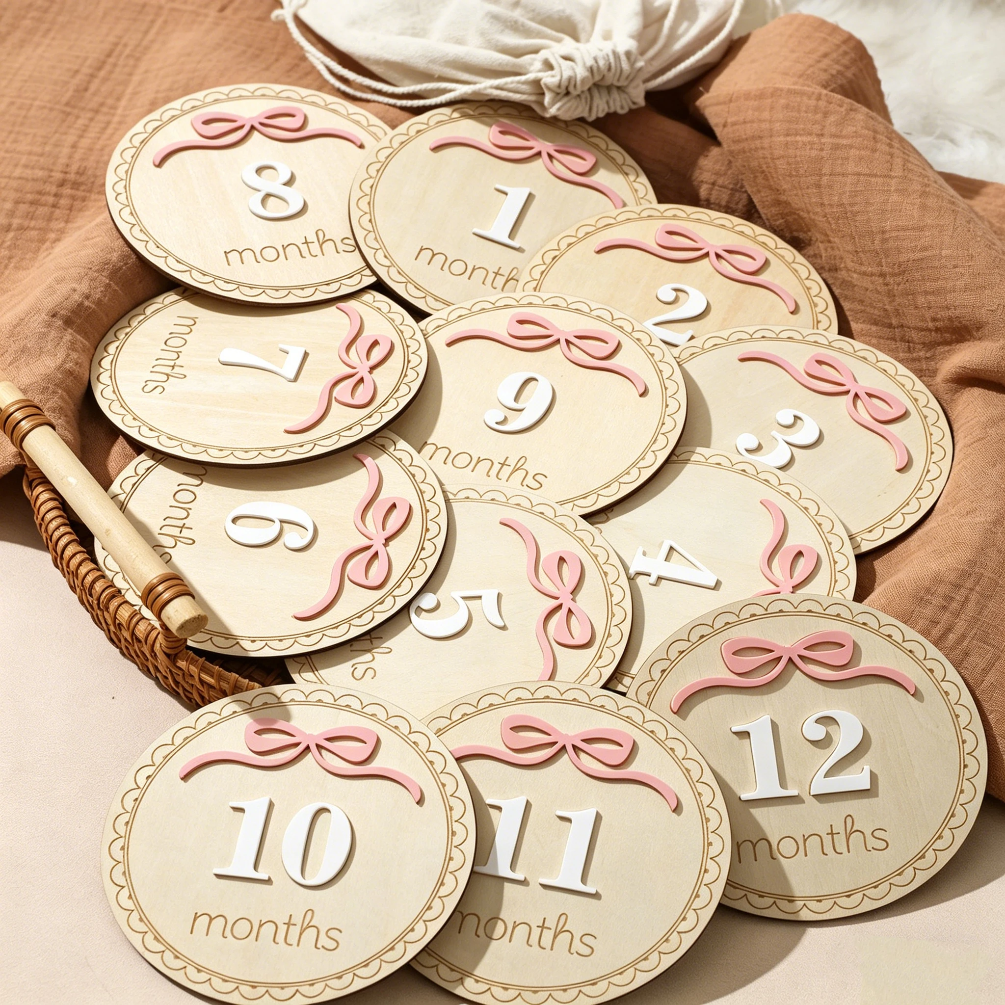 Ylsteed Discos de Madera para Fotografía de Recién Nacidos de 1 a 12 Meses, con Lazo Rosa, Tarjetas de Recuerdo con Fotos Grabadas en 3D, Regalo para Baby Shower -HD