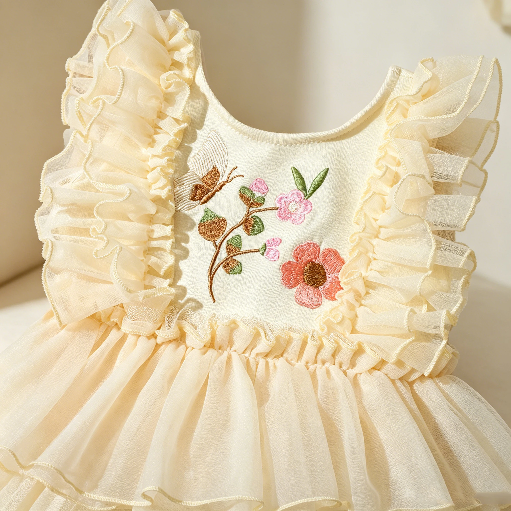 Conjunto de Tutú para Bebé Recién Nacida, Body de Tul con Bordado de Mariposas y Flores, Sin Mangas, con Diadema de Flores para Fotografía
