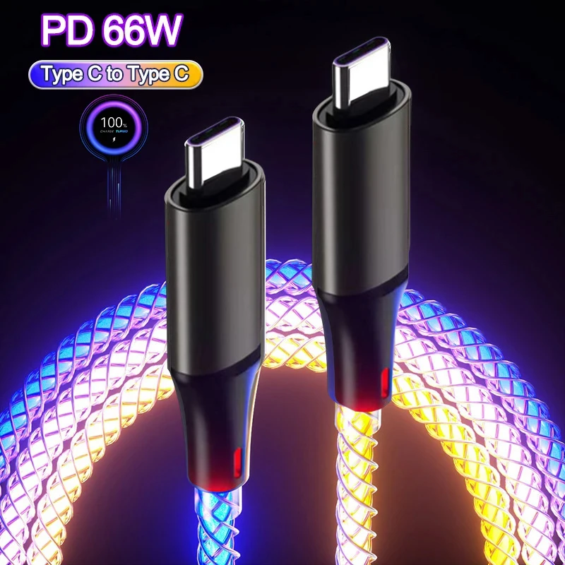 Cable de datos de carga rápida para móvil, cargador de TYPE-C de 66W, con luz RGB de 6A, para iPhone 15 Pro, Huawei y Samsung