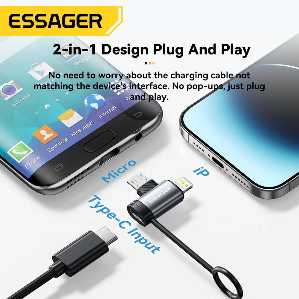Essager 2 en 1 iluminación/Micro adaptador de carga rápida USB tipo C conector hembra para iPhone 17 16 15 14 13 12 11 convertidor de IPad