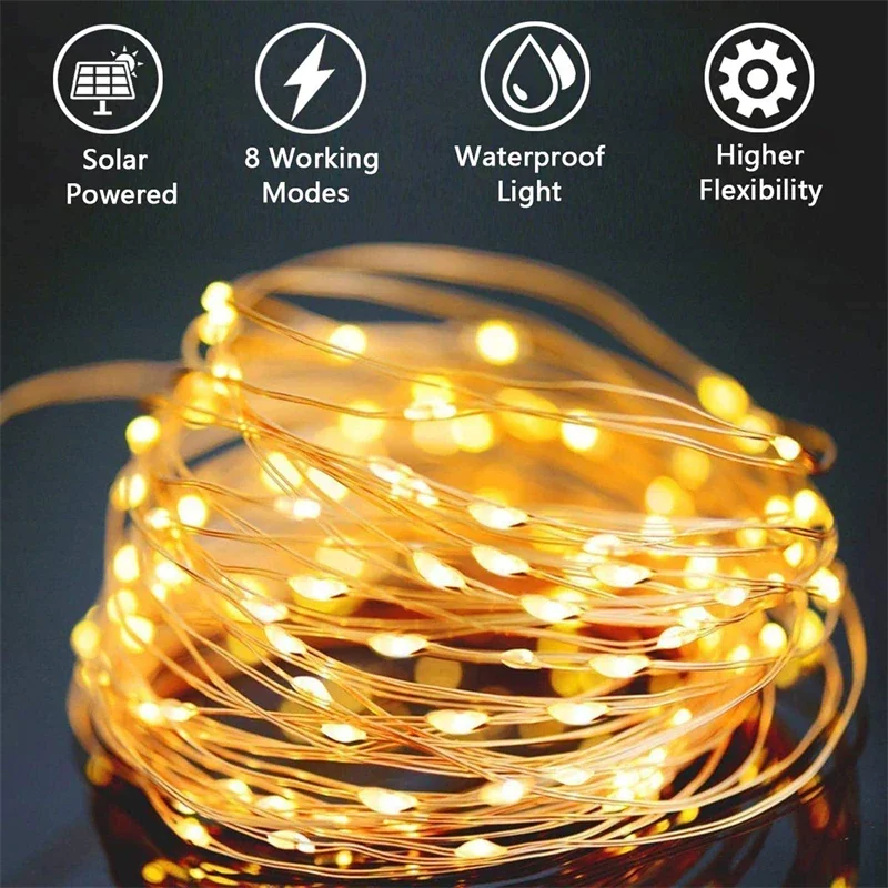 Guirnalda de luces Led solares de 7M/12M/22/32M, adorno para exteriores, guirnalda de luces Led impermeables, decoración de lámpara Solar para jardín y fiesta de Navidad