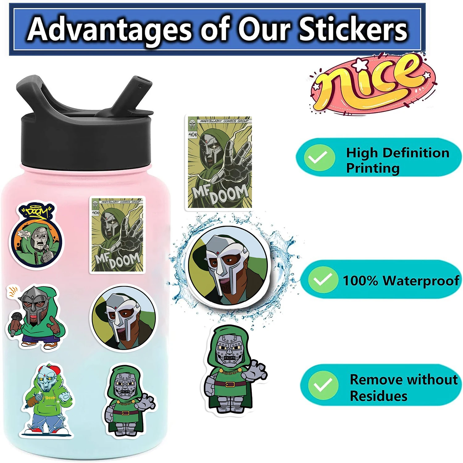 50 Uds rapero de Hip Hop Mf Doom pegatinas cantante Graffiti monopatín DIY teléfono equipaje portátil guitarra juguetes calcomanías pegatina para ventilador