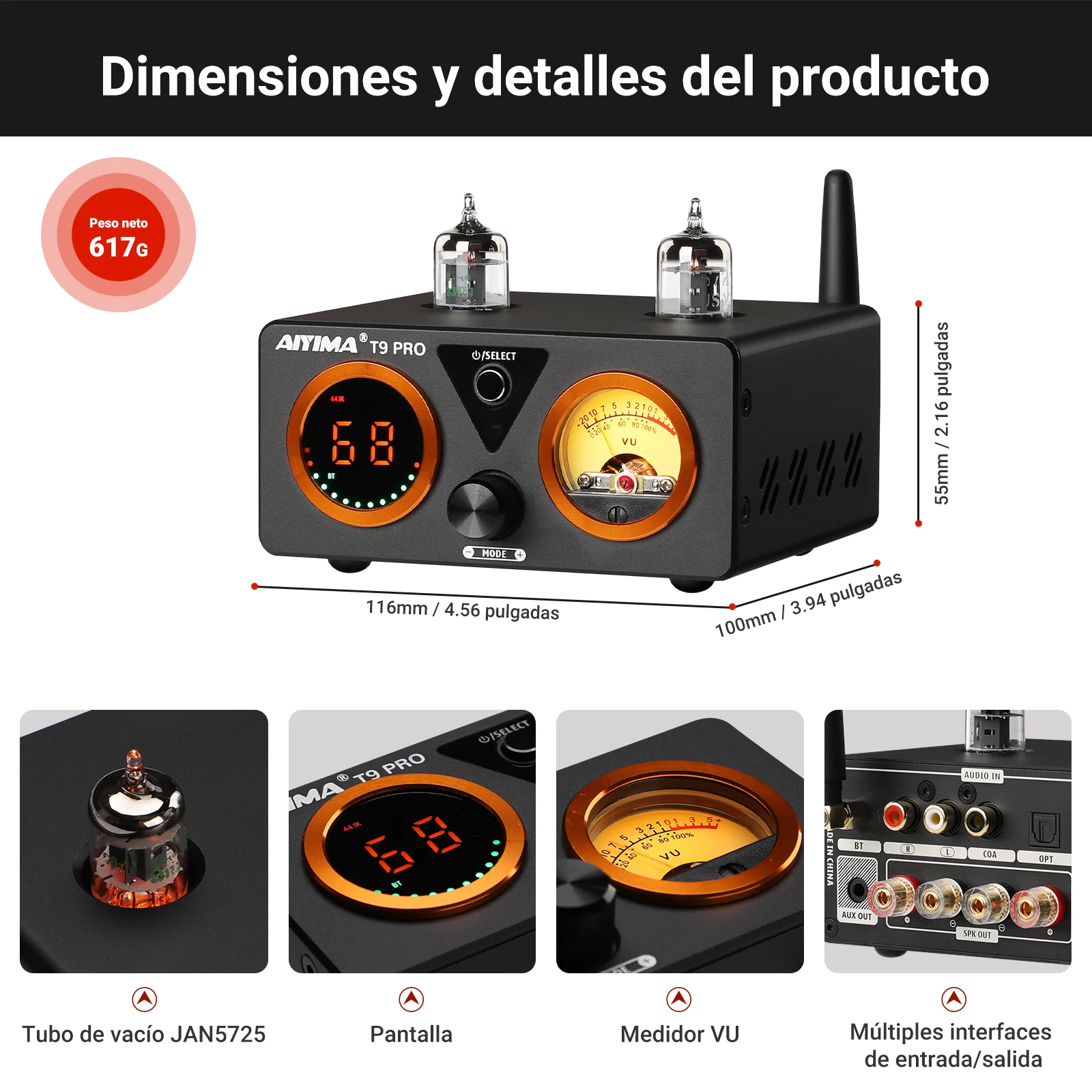 AIYIMA T9 PRO APTX HD amplificador Bluetooth Audio 100Wx2 amplificador de potencia estéreo HiFi USB DAC COAX OPT VU medidor amplificador de tubo