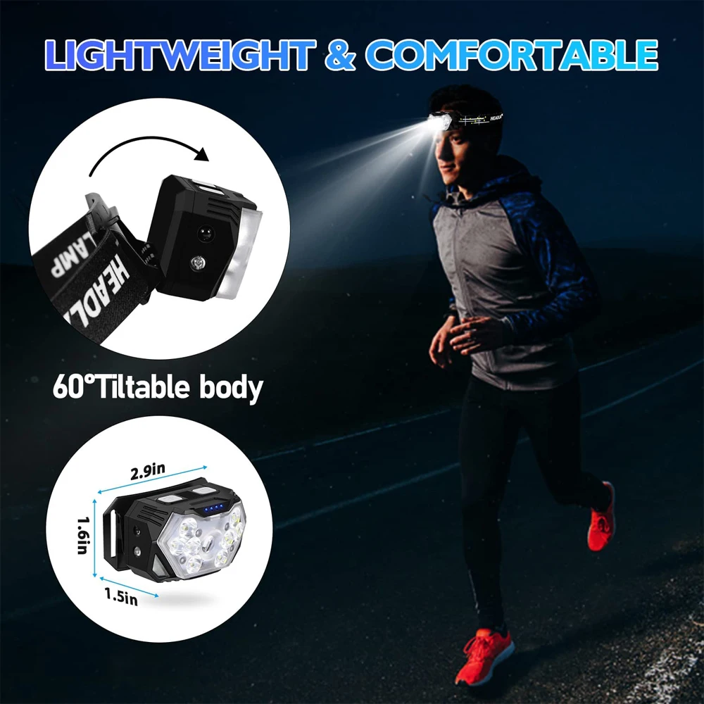 Linterna frontal de luz potente con Sensor de movimiento recargable por USB, faro portátil para pesca, Camping, trabajo al aire libre, 9 Led