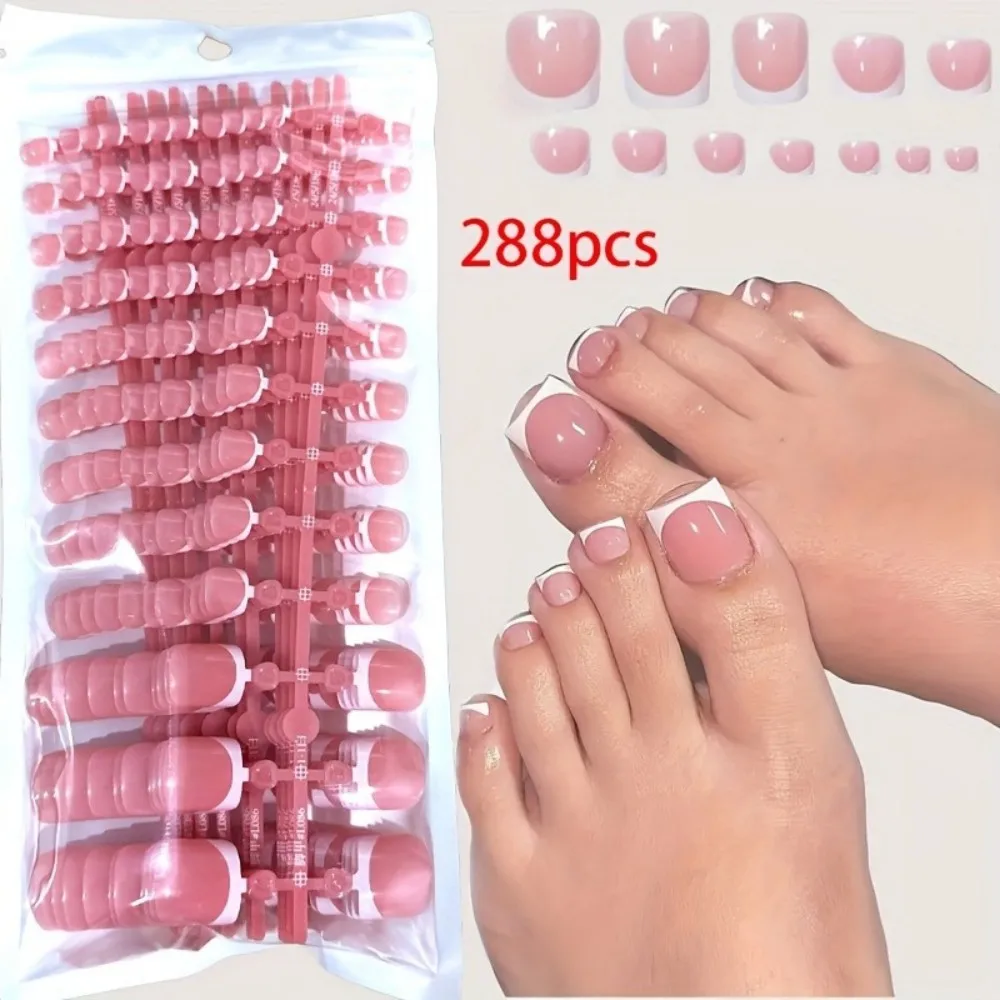 288 Uñas Postizas Francesas para los Pies, Cortas, Cuadradas, Base Rosa, Borde Blanco, Acrílicas, Set de Uñas Postizas para Pedicura y Extensión