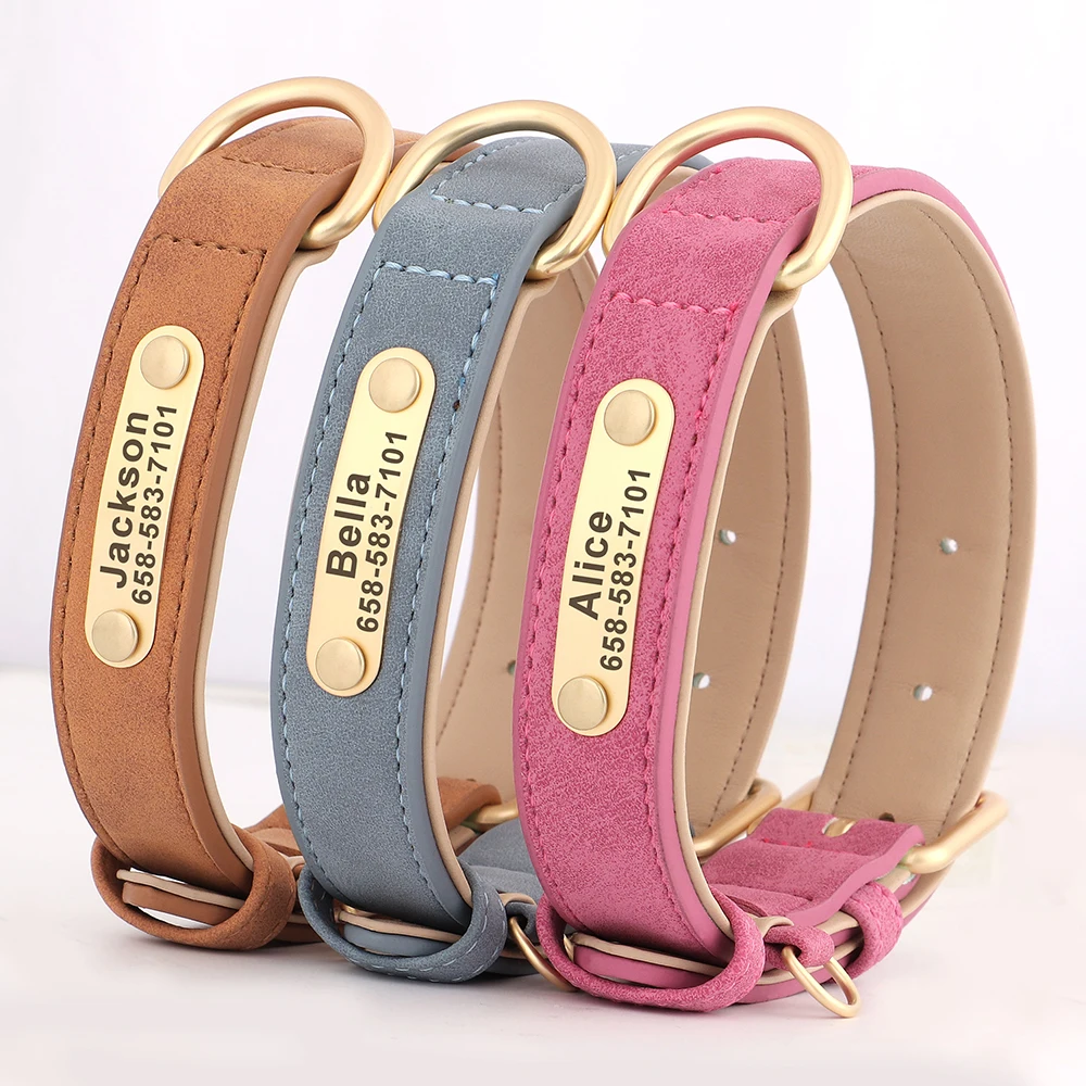 Collar de perro personalizado, collares de cuero PU grabados personalizados para perros, placa de identificación con grabado gratis para perros pequeños, medianos y grandes