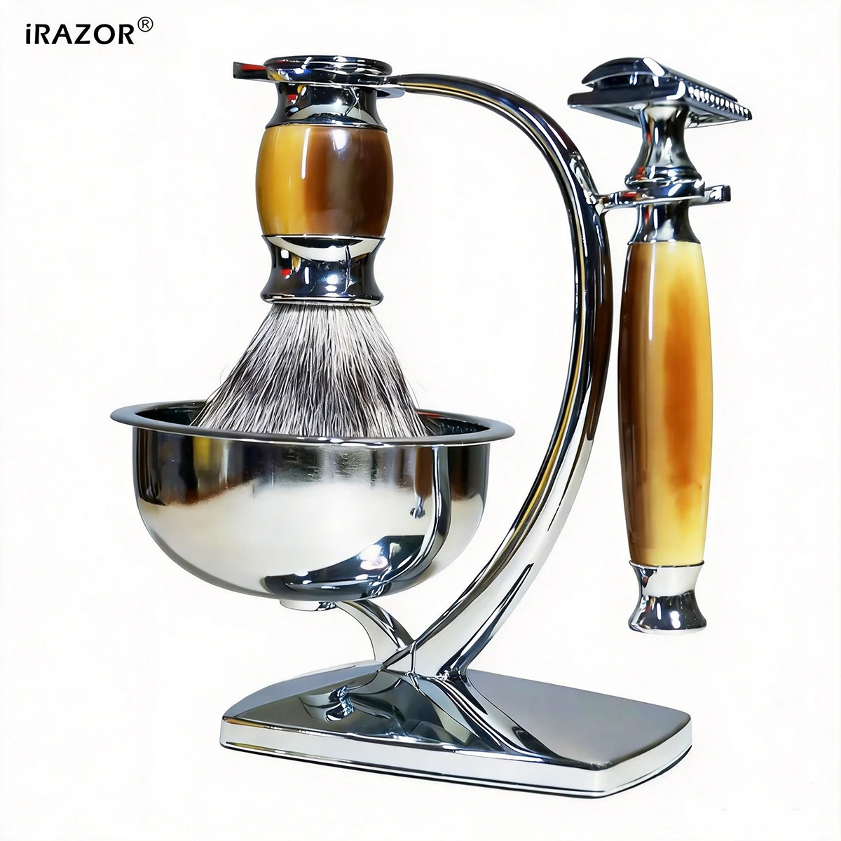 Kit de afeitado iRAZOR Classic DE con maquinilla de afeitar de doble filo, 10 cuchillas, brocha Silvertip, taza para espuma de afeitar, para afeitado en húmedo y cuidado personal masculino, empaquetado en caja de regalo.