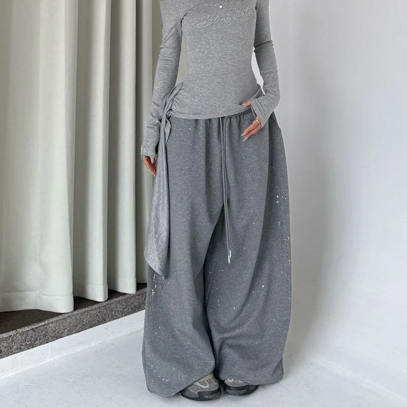 Pantalones de chándal Y2K con diamantes negros para mujer, ropa de calle Harajuku, pantalones holgados para correr, pantalones de pierna ancha a la moda, pantalones informales de gran tamaño de Hip Hop