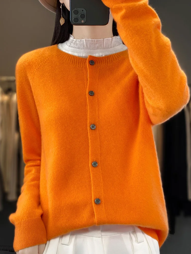 Cárdigans de lana merina de 100% para mujer, prendas de punto de manga larga con cuello redondo para otoño e invierno, ropa básica para mujer, Tops