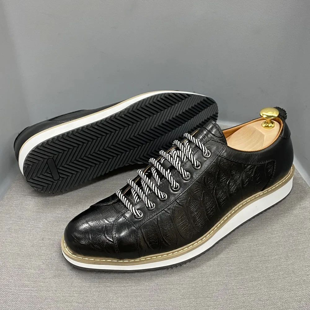 Zapatos informales clásicos para hombre, zapatillas de deporte de moda con cordones de cuero genuino, zapatos planos de viaje callejero con estampado de cocodrilo de marca de lujo para hombre