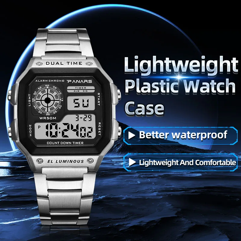 PANARS-reloj deportivo de lujo para hombre, cronógrafo Digital con correa de acero inoxidable, resistente al agua, con luz trasera y alarma