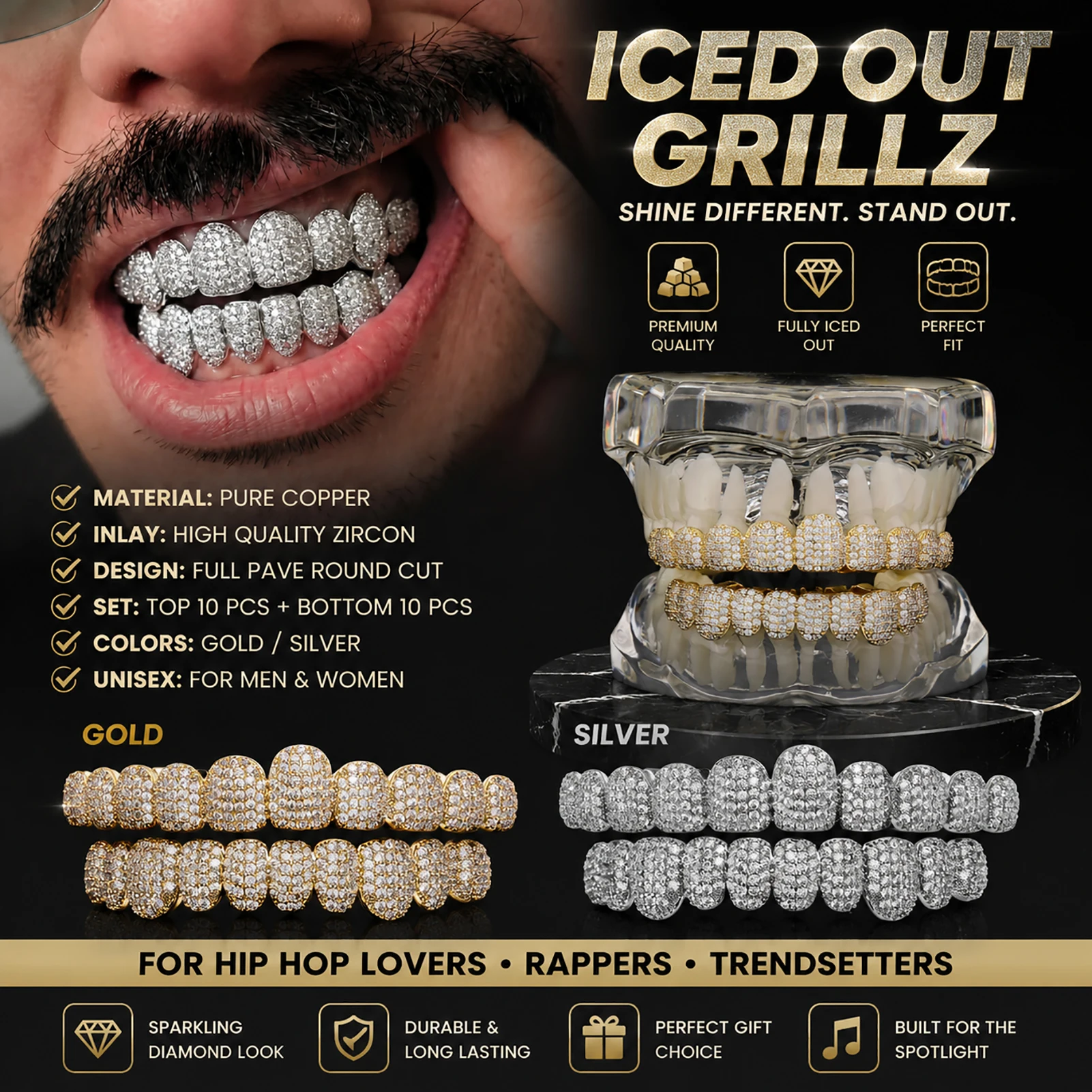 JINAO NUEVO Juego de 10 Dientes Grandes Totalmente Cubiertos de Piedras, Grillz Hip Hop para Hombre y Mujer, Grill Superior e Inferior, Estilo Punk Rapper, Llama Brillante, Regalo de Cosplay