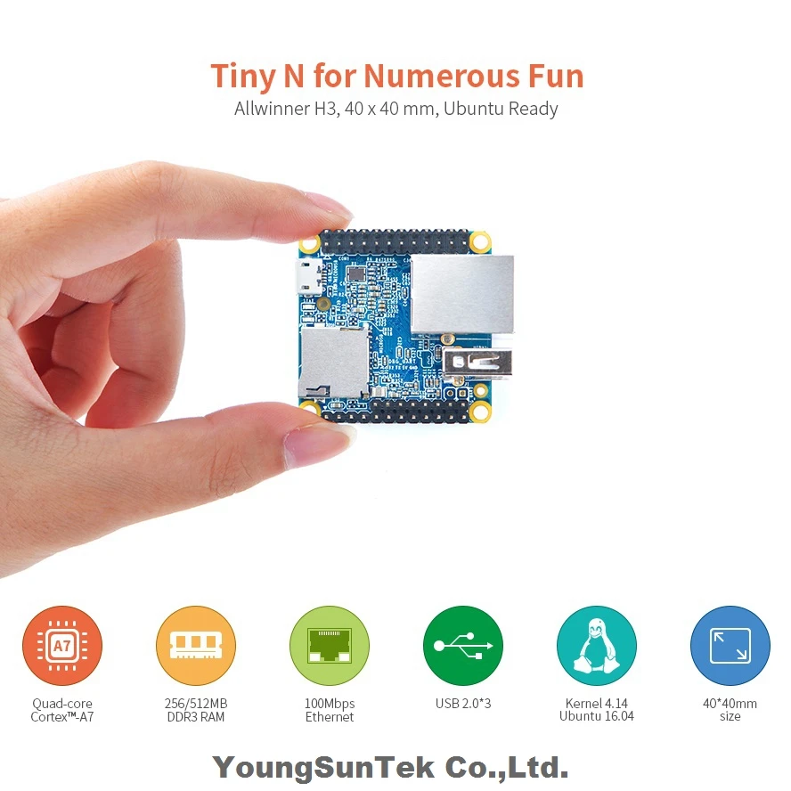 NanoPi Neo v1.4 (512M) y Disipador de Calor, YoungSunTek Allwinner H3 Quad Cortex-A7, 1.2GHz, OpenWRT, Ubuntu Linux, Armbian, DietPi, Kali