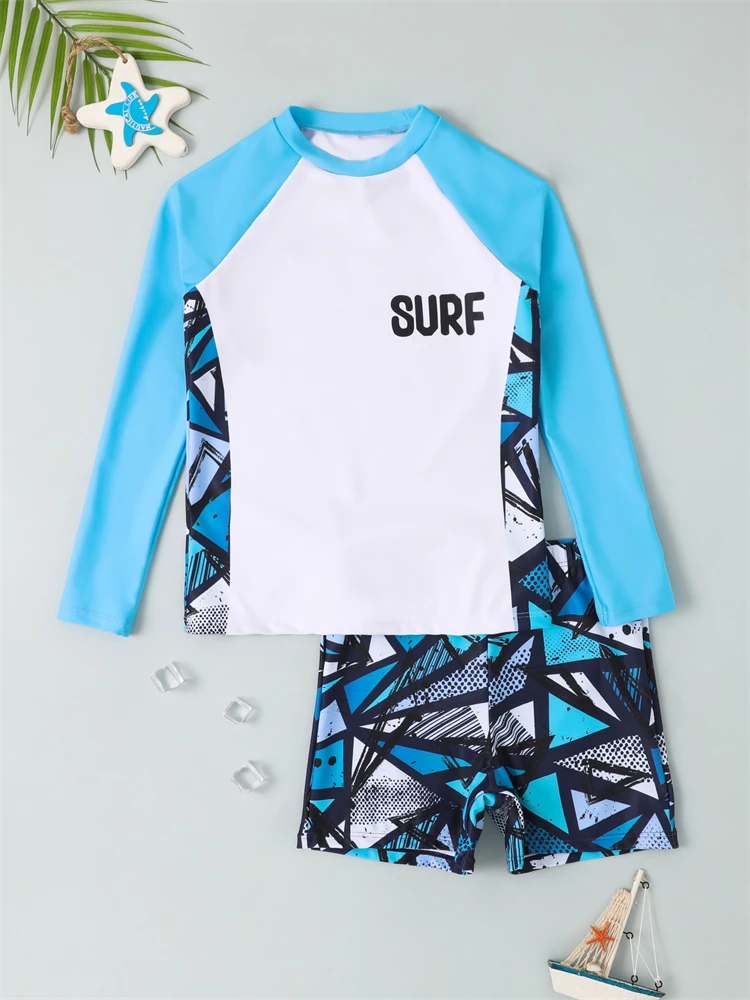 Traje de Baño para Niño 2026, Nuevo Diseño Geométrico, Manga Larga, Traje de Baño Infantil de Dos Piezas, Ropa de Playa para Niños, Traje de Baño para Natación