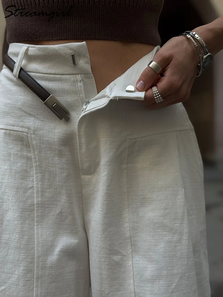 Pantalones blancos de lino y algodón para mujer, pantalones formales de pierna ancha, pantalones de traje de pierna recta de verano, pantalones formales de cintura alta para mujer, sueltos