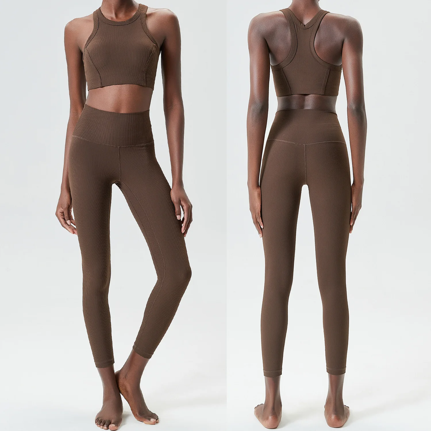 Traje de gimnasio de alto impacto para mujer, conjunto de dos piezas de tela acanalada para Fitness y Yoga, ropa deportiva elástica ajustada para correr, ropa de entrenamiento