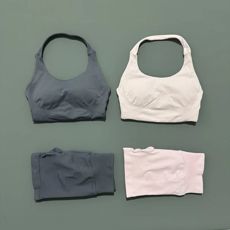 Conjunto deportivo Histello de 2 piezas para mujer, cuello Halter, a prueba de golpes, palangre, Top con tiras, pantalones cortos de entrenamiento, conjuntos de ropa deportiva, traje de gimnasio