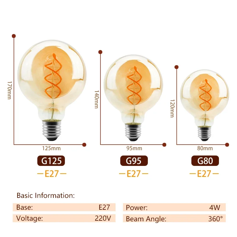 Bombilla LED de Filamento Espiral Retro A60 C35 ST64 T45 G80 G95 G125 T1225 4W E27 220V Regulable, Lámpara Edison 2200K Luz LED Amarilla Cálida