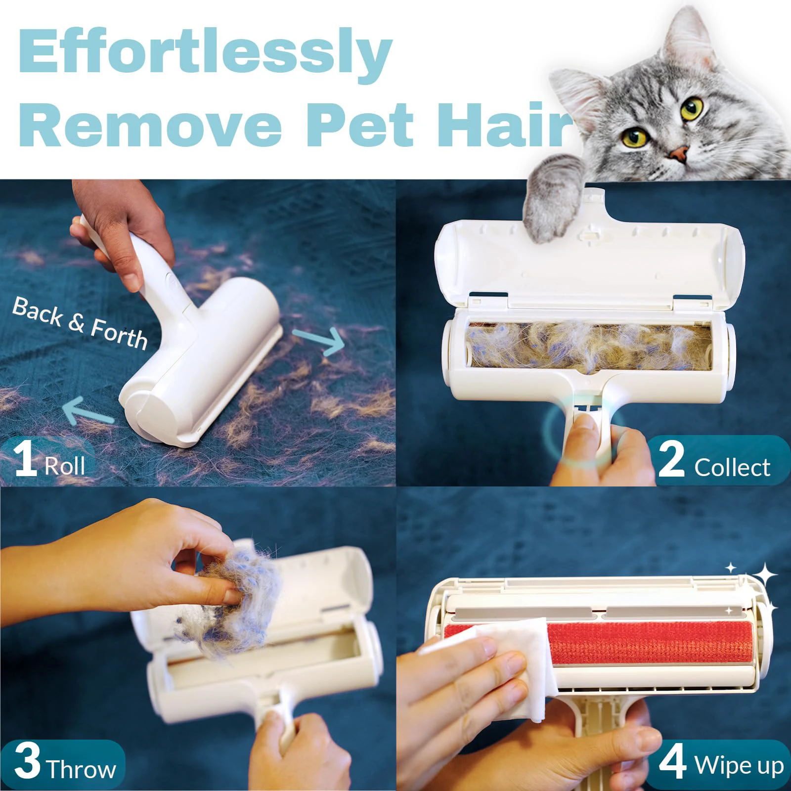 Removedor de pelo para mascotas, rodillo reutilizable, removedor de pelo para gatos y perros, muebles, sofá, alfombra, ropa, herramienta portátil de eliminación de piel