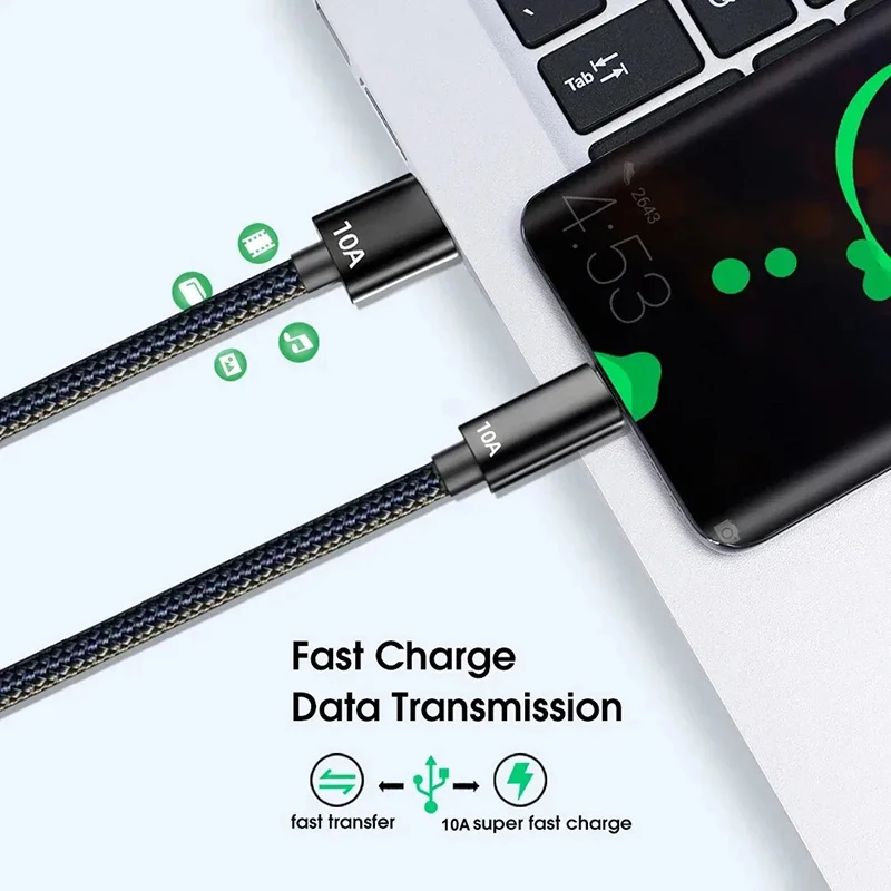 Cable de carga súper rápida de 10A y 120W, cable de transferencia de datos de alta velocidad USB A a Tipo C, cable trenzado para teléfono, cable de carga rápida.