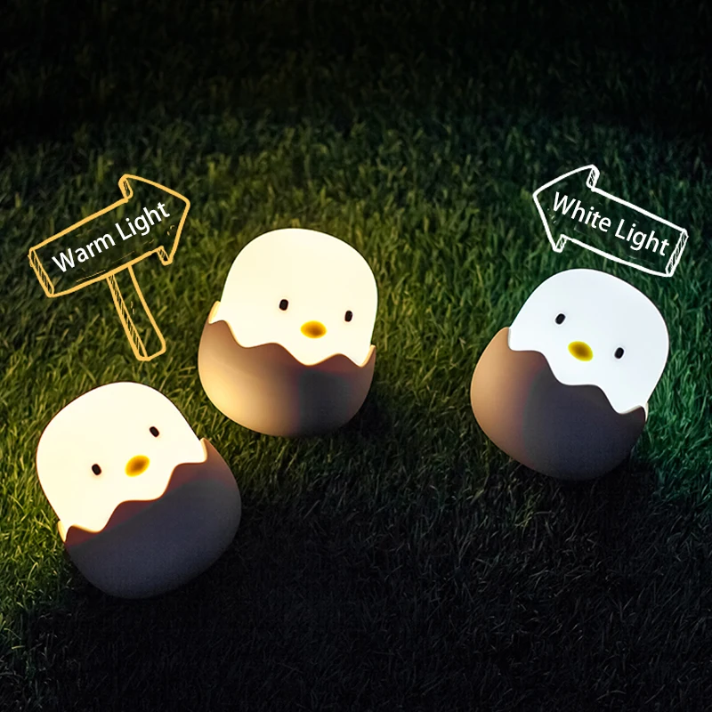 Luz nocturna de pollo de cáscara de huevo, luz LED de dibujos animados para dormitorio, luz ajustable táctil, luz cálida recargable, luz de ambiente