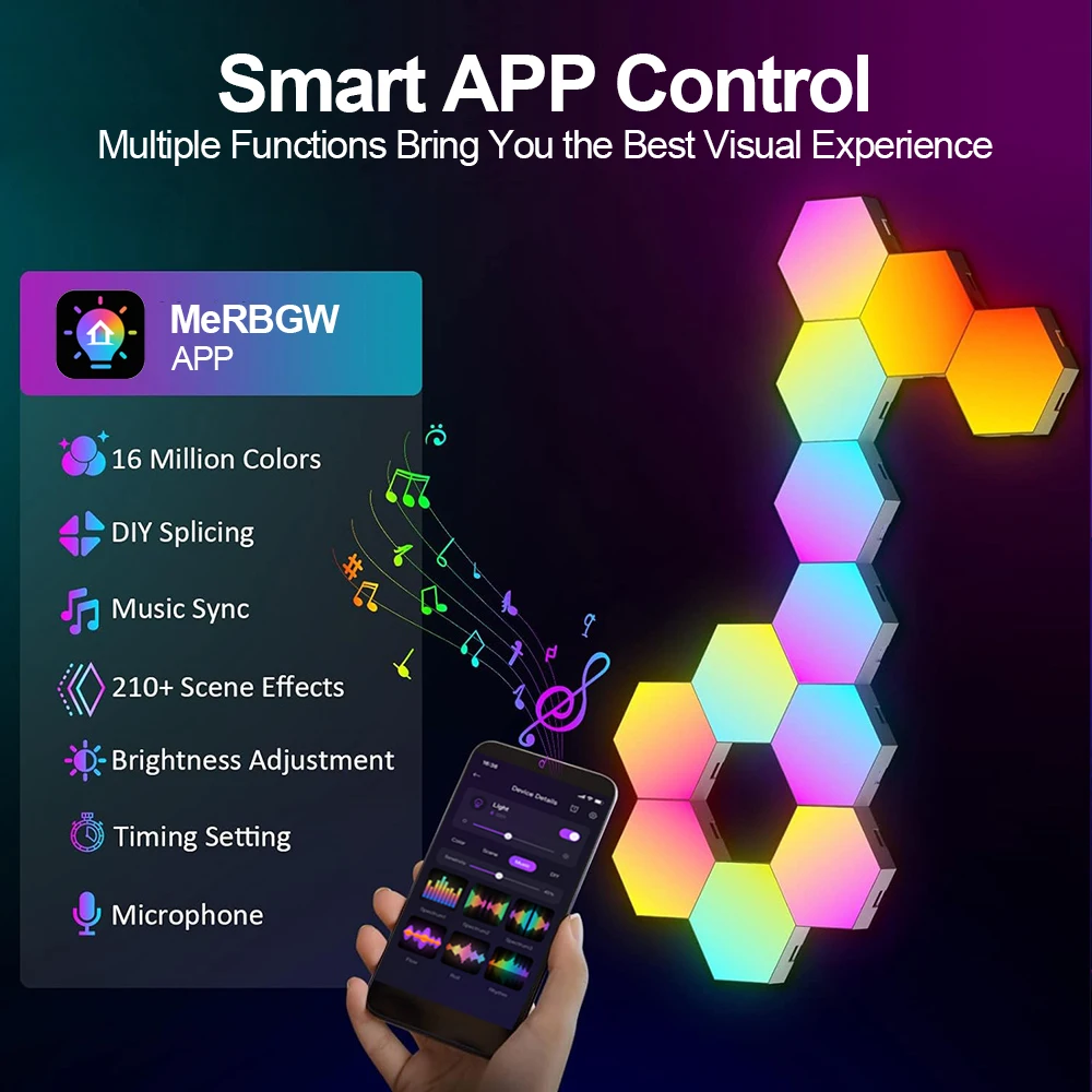 Lámpara de pared hexagonal inteligente RGB con cambio de color, luz ambiental nocturna, forma personalizable, control mediante aplicación y sincronización con el ritmo de la música, ideal para salas de juegos y dormitorios.