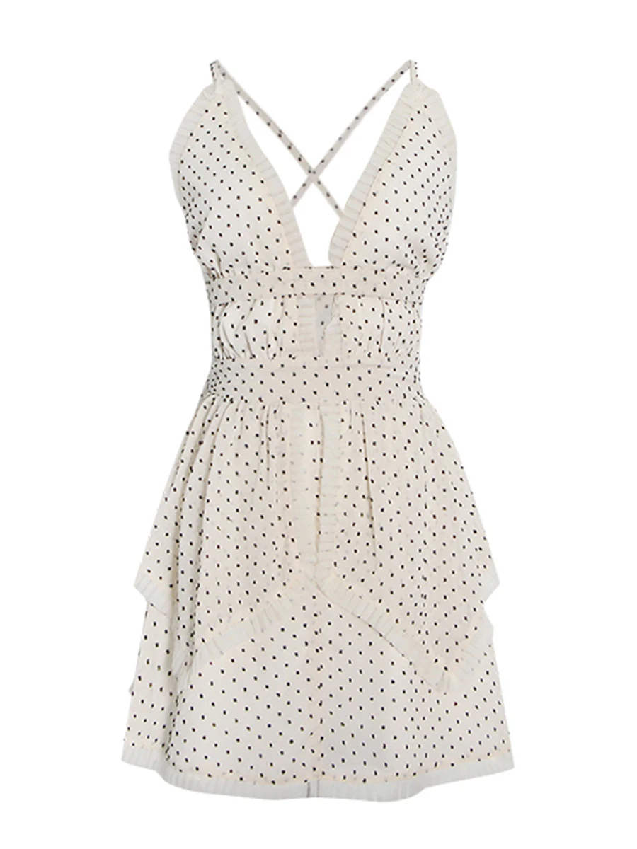 Vestido Mini Elegante y Entallado con Estampado de Puntos Ondulados de TWOTWINSTYLE para Mujer, Cuello en V, Sin Mangas, Espalda Descubierta, Vestidos Fruncidos con Parches para Mujer