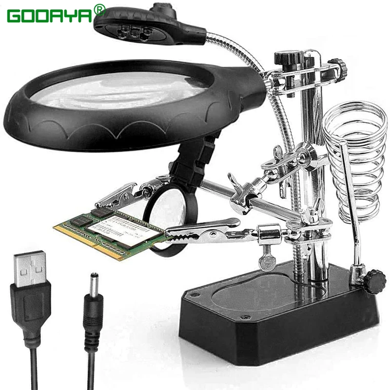 Lupa de soldadura con luz LED, lupa con Clip auxiliar, lupa 3 en 1, soldadura manual, soporte de hierro para soldar, estación