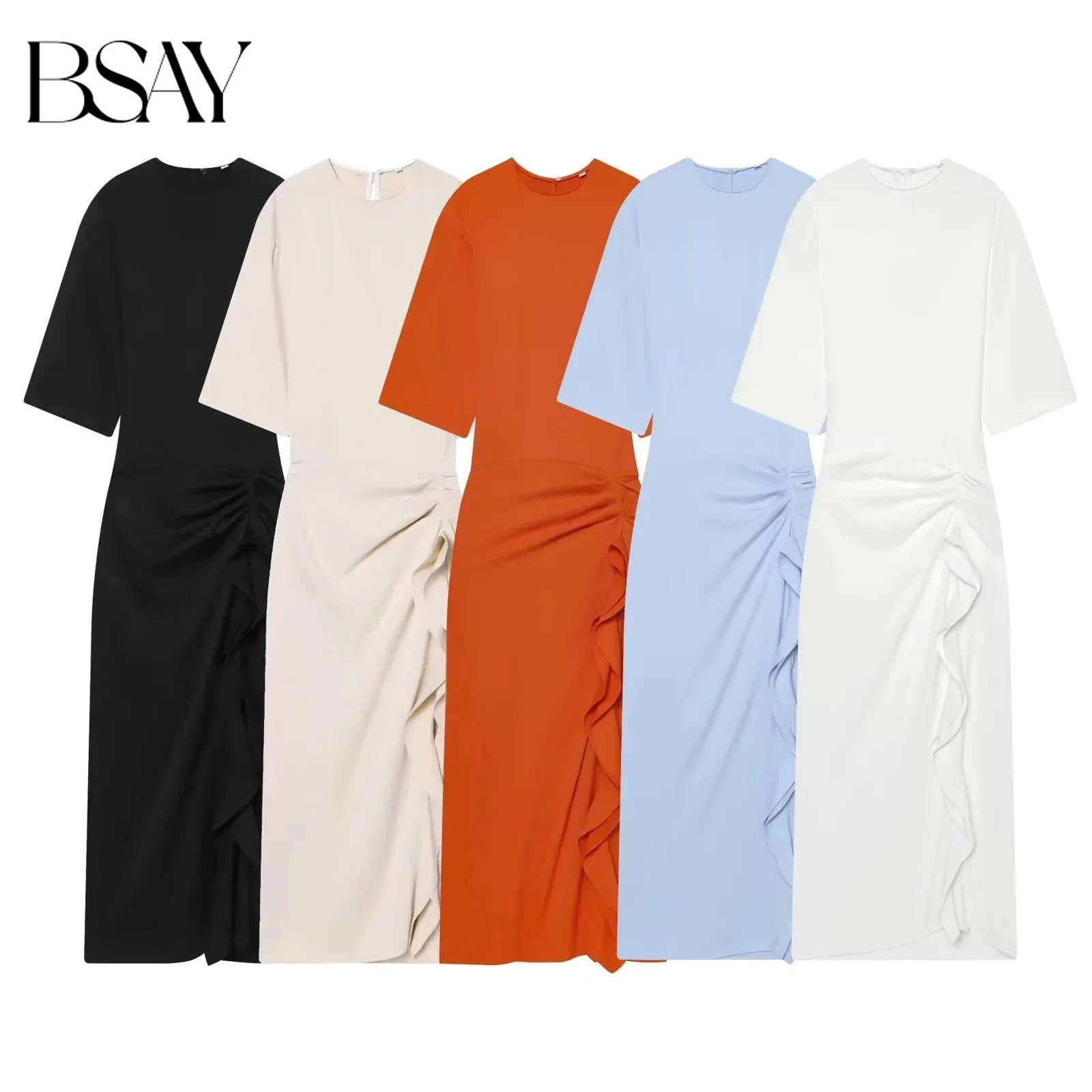Vestido Midi BSAY 2026 para Mujer, Color Sólido, Cuello Redondo, Manga Media, Corte Ajustado, Volantes Laterales, Abertura Lateral, Elegante, Formal, para el Trabajo